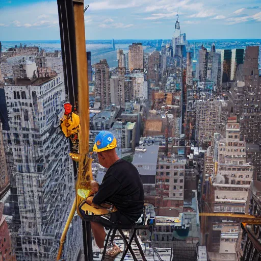 Prompt: a construction worker with a fishing rod sitting on a metal beam high over new york city, photography