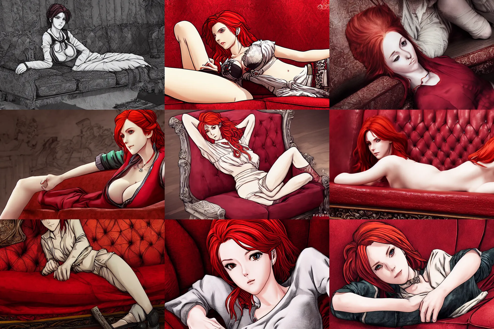 Prompt: alluring highly detailed manga line art portrait Triss from the Witcher 3 laying on a red couch