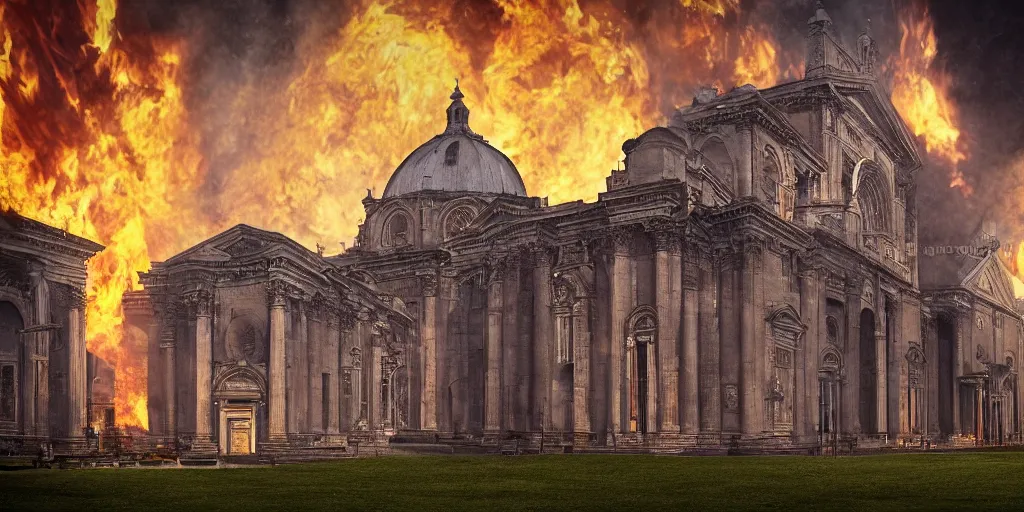 Prompt: photography of Basilica of St Peter collapsing in flames and dark smoke, vfx by weta digital, cinematic, rule of thirds, golden ratio, evening, photography by Annie Leibovitz