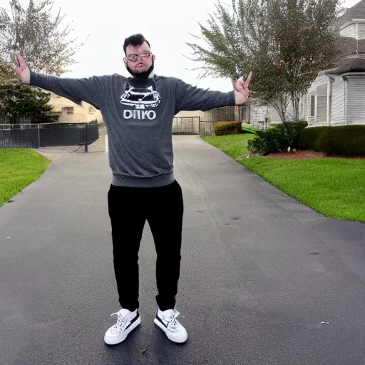 Image similar to Rocco Botte wearing gray sweatshirt and gray sweatpants and black/white Converse Chuck Taylor sneakers, standing in a T-pose on a suburban residential street