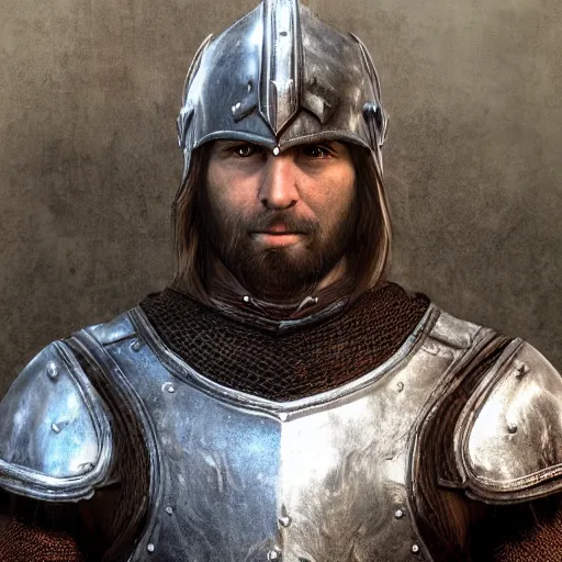 Image similar to hyper realistic photography of a skyrim medieval warrior wearing a heavy steel armor portrait