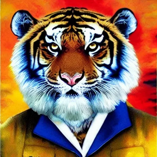 Image similar to bob ross mixed with a tiger