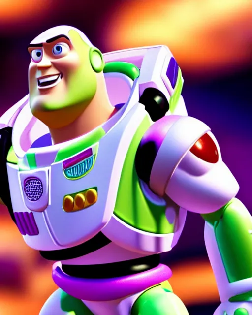 Image similar to Film still close-up shot of Dwayne Johnson as Buzz Lightyear in the movie Toy Story 3. Photographic, photography