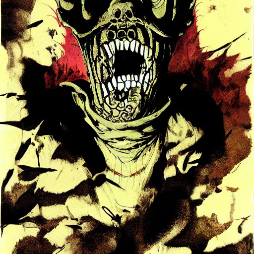 Prompt: full page illustration of dorohedoro kaiman open mouth, showing a spooky face inside his throat, by Katsuhiro Otomo, Q Hayashida, Phil hale, Ashley wood, Ilya repin, frank frazetta, 8k, hd, high resolution print