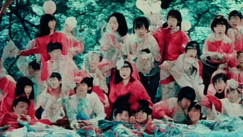 Prompt: Still from a movie by Nobuhiko Obayashi about Filipino college students, vibrant colors, playful, 35mm film