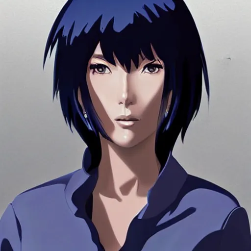 Prompt: “painted character portrait of Motoko Kusanagi in ghost in the shell, by Makoto Shinkai, detailed, digital art”