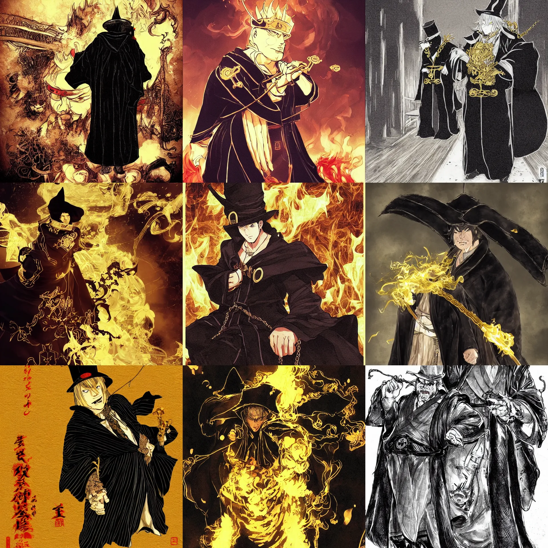 Prompt: dressed in black robes and high hats, robes with golden characters, fat, fierce - looking, devilish, eyes, big red eyes, shackles in his hands, surrounded by this fine golden smoke akihiko yoshida