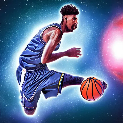 Image similar to A basketball player performing a slam dunk in the galaxy, digital art