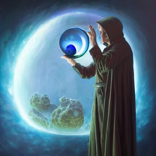 Image similar to the creator of worlds wearing a cloak and holding a holographic planet projection in his hand, detailed, sci - fi, digital painting, artstation, sharp focus, illustration, ominous, artgerm, tomasz alen kopera, peter mohrbacher, donato giancola, joseph christian leyendecker, wlop, frank frazetta