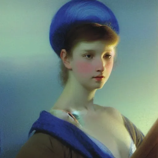 Image similar to a young woman's face, her hair is golden white and she wears an cobalt blue satin cloak, by ivan aivazovsky and syd mead and moebius and gaston bussiere and roger dean and pieter claesz and paul delaroche and alma tadema and aelbert cuyp and willem claesz, hyperrealistic, volumetric light, octane render