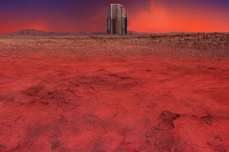 Image similar to apocalyptic dry ground in the desert, babel tower on fire in the background, red sky, beautiful painting