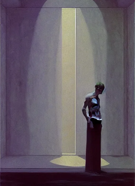 Image similar to a man wrapped in tin foil lingering at liminal, haunted space by Edward Hopper and James Gilleard, Zdzislaw Beksinski, highly detailed