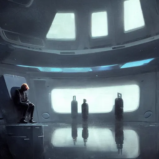 Image similar to concept art by greg rutkowski, a very tall, and slender man with messy blond hair, wearing a black sweater, sitting in the spaceship command bridge, brutalist futuristic interior, dark lighting atmosphere, detailed portraits, nostalgic atmosphere, scifi, digital painting, artstation, concept art, smooth, sharp foccus ilustration, artstation hq