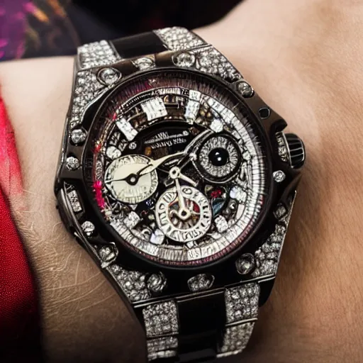 Image similar to vvs diamond watch, intricate design, rolex, cogs and gears, steampunk watch, bejeweled beautiful watch, richard mille, breitling watch, promotional photo, 8 k photography