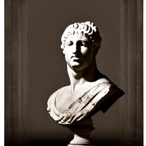 Prompt: an ancient Roman bust on fire in a dark room, high contrast, black, realistic