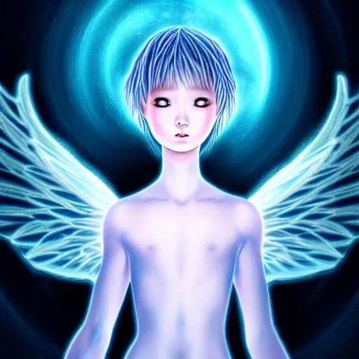 Image similar to portrait shoulder level close up image of a seraphim angel human soul light visualized as human form inspired by yuka morii and aaron blaise