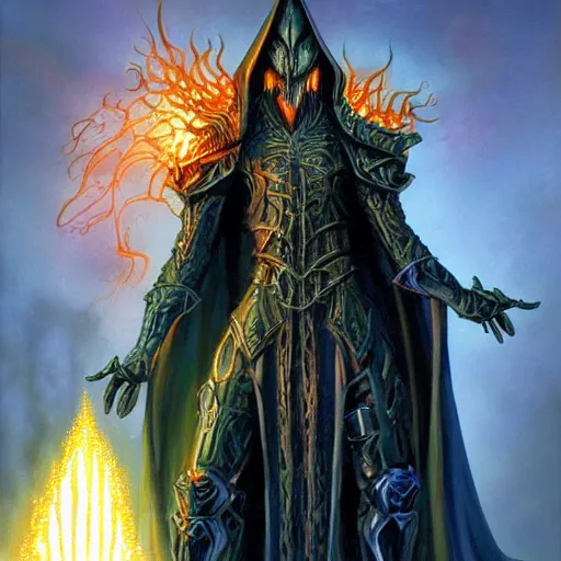 Prompt: majestic fiery Sauron the shadow Necromancer wizard by Mark Brooks, Donato Giancola, Victor Nizovtsev, Scarlett Hooft, Graafland, Chris Moore