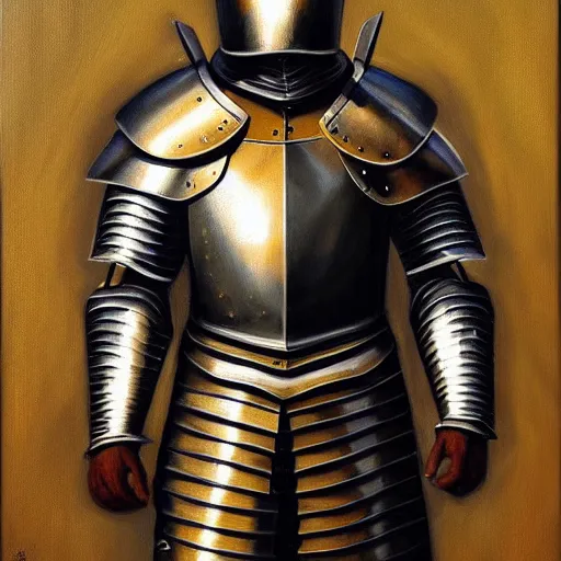 Image similar to beautiful oil portrait painting of alwyte armor, medieval armor, knight, natural light, outside