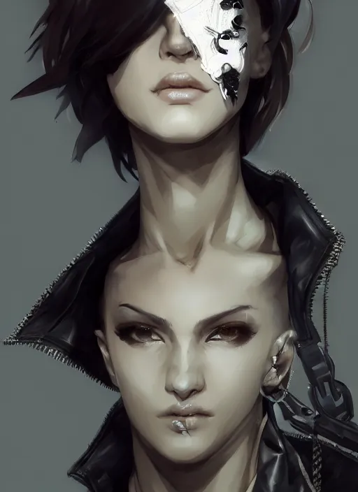 Image similar to Half body portrait of young woman with short hair, eyepatch, white shirt, ornate leather jacket. In style of Yoji Shinkawa and Hyung-tae Kim, trending on ArtStation, dark fantasy, great composition, concept art, highly detailed, dynamic pose.