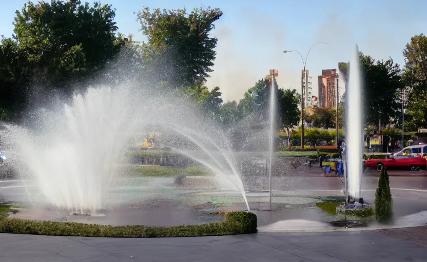 Prompt: a photo of a roundabout with a fountain shooting fire