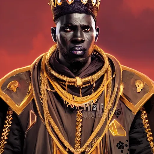 Prompt: a dark and ominous african moor with black eyes and a golden crown with a ruby, Apex Legends character digital illustration portrait design, by android jones and greg rutkowski, detailed, cinematic lighting, wide angle action dynamic portrait