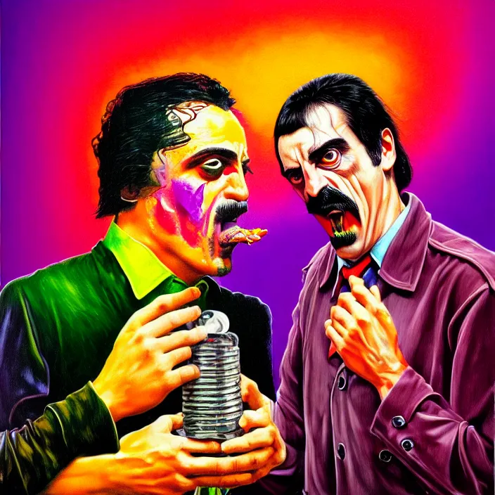 Prompt: bright psychedelic mike patton eating frank zappa who is puking hitler, puke, rotten, screaming, diffuse lighting, fantasy, intricate, elegant, highly detailed, lifelike, photorealistic, digital painting, artstation, illustration, concept art, smooth, sharp focus, art by francis bacon