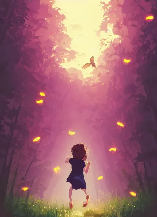 Prompt: little girl with short wavy curly light brown hair chasing fireflies in the woods. clean cel shaded vector art. shutterstock. behance hd by lois van baarle, artgerm, helen huang, by makoto shinkai and ilya kuvshinov, rossdraws, illustration, art by ilya kuvshinov