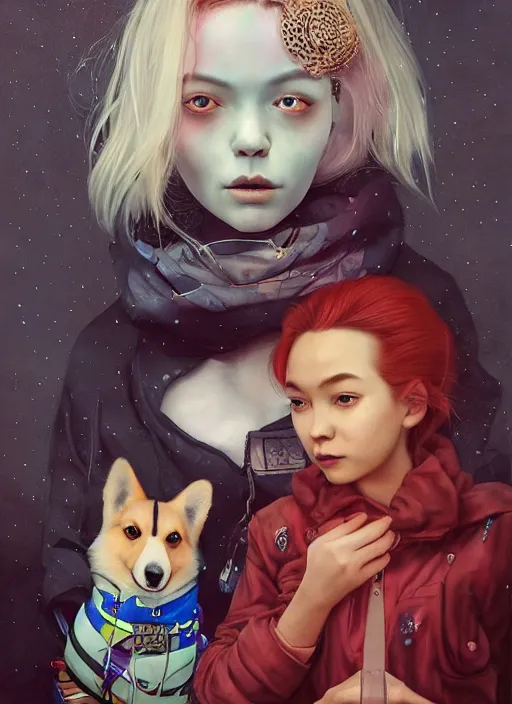 Prompt: beautiful portrait painting of a cute Icelandic lofi cyberpunk princess and her corgi assassin king, by Afarin Sajedi, Alessandro Barbucci, Alex Gross, Shin Jeongho, Shohei Otomo. trending on Artstation, 8k, masterpiece, face enhance, graffiti paint, fine detail, full of color, intricate detail, golden ratio illustration