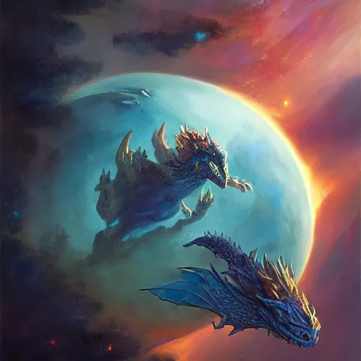 Prompt: Gigantic blue scaled dragon devouring an earth like planet while flying in space, sun system, nebula, behemoth, oil painting, by Fernanda Suarez and Edgar Maxence and Greg Rutkowski
