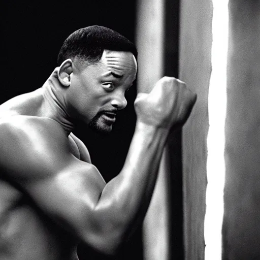 Image similar to will smith slapping a wall. training montage, movie still, cinematic lighting, 3 5 mm film.