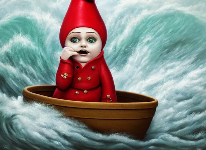 Image similar to a terrified garden gnome sailing in a bucket, background of raging ocean with huge waves on a stormy day with dramatic thunderhead clouds, an ultrafine detailed painting by mark ryden, trending on deviantart, pop surrealism, whimsical, lowbrow, rainy, perfect symmetrical face