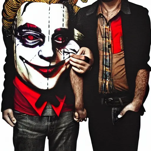 Image similar to mimmo rottela and banksy as joaquin phoenix skinny joker holding hand lady gaga harley queen, extreme photorealistic, intricate details, pop art style, concept art, details object, random object movement, 3 colors, 4 k, 4 d, smooth, sharp focus