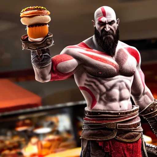 Image similar to kratos from god of war ordering a burger and a soda