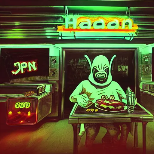 Image similar to hr giger style alien eating a hamburger and fries inside a space station with a neon shop sign in the background, photography