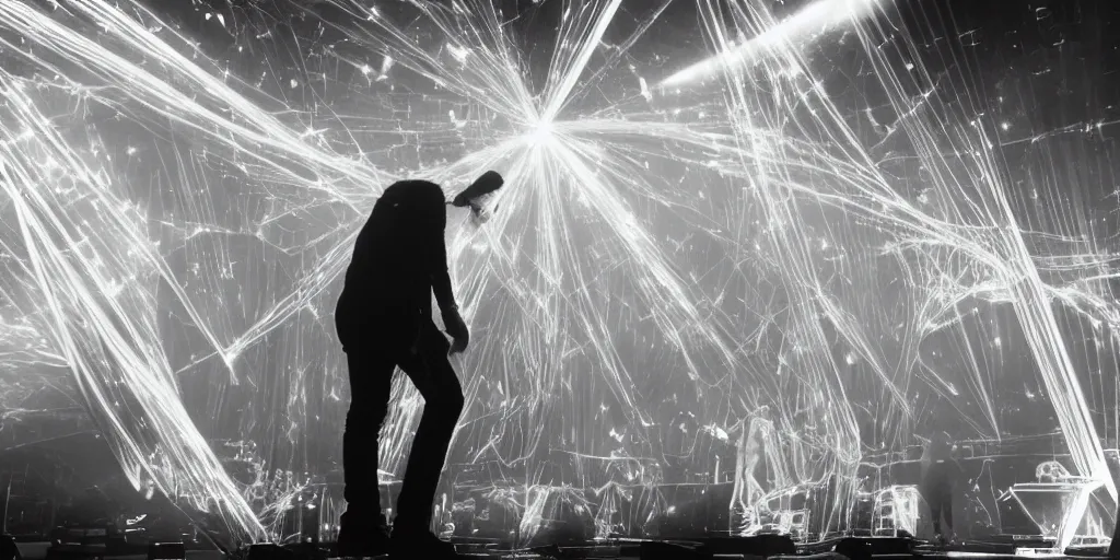 Image similar to Thom Yorke singer songwriter, Radiohead group of people on stage playing instruments, elaborate stage effects, dust, smoke, giant LED screens, colored projections, ultrafine detail, glowing thin wires, smoke, high contrast, projections, a screenshot by David Gilmour Blythe, holography, tesseract, volumetric lighting, anamorphic lens flare