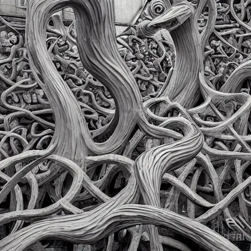 Prompt: the jabberwock sculpture by m. c. escher, art installation, colour 8 k photograph