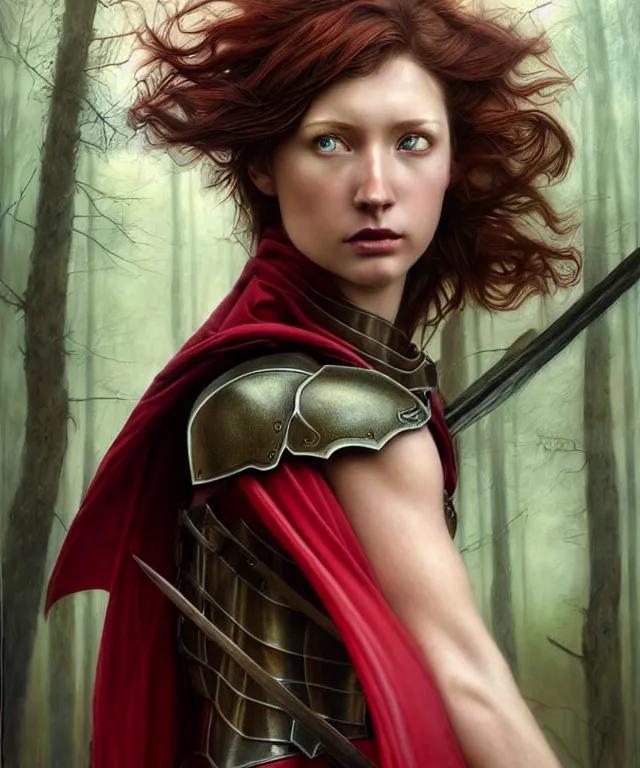 Image similar to hyperrealistic mixed media painting of a beautiful young female ranger, stunning 3d render inspired art by P. Craig Russell and Barry Windsor-Smith + perfect facial symmetry + dim volumetric lighting, dark red hair, pale skin, crimson leather armor with long flowing cape, stealthily moving through a dark forest, dizzy, full body, d&d, 8k octane beautifully detailed render, post-processing, extremely hyperdetailed, intricate, epic composition, grim yet sparkling atmosphere, cinematic lighting + masterpiece, trending on artstation, very very detailed, masterpiece, stunning