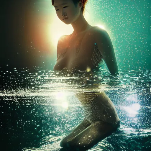 Prompt: beautiful centered fine art photo portrait of hoyeon jung as a solarpunk robotic humanoid treading above water, white mechanical parts with led lights, ultra - realistic and detailed, white background, sun lighting, soft focus, slow exposure hdr 8 k