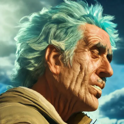 Image similar to real life rick sanchez. close up of face. photo realism. dramatic lighting. alien planet background. 4 k