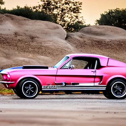 Prompt: long shot of 1967 Ford mustang Shelby GT500 in pink color at sunset in front a beach, 8k, amazing reflection of the sun on the car, UHD Photography