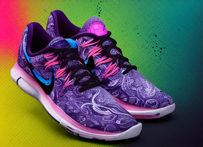 Image similar to A nike shoe with an squid design, tentacles, studio product photography, gradient background