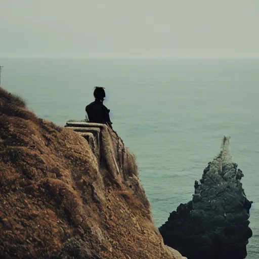 Prompt: A lone samurai on a cliff overlooking a vast ocean, 50mm lens, beautiful, majestic, serene, by Hsiao-Ron Cheng