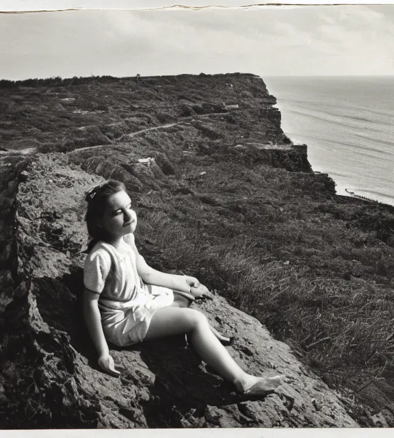 Prompt: a vintage photo of a girl sitting on a cliff overlooking the beach.