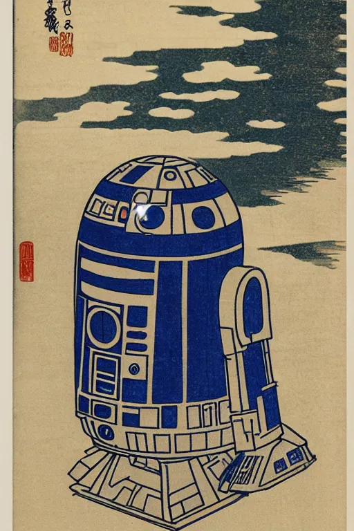 Prompt: Japanese woodblock print of r2d2, hokusai