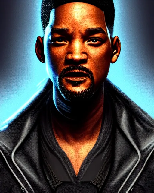 Image similar to portrait of cyberpunk will smith, grim - lighting, high - contrast, intricate, elegant, highly detailed, digital painting, artstation, concept art, smooth, sharp focus, illustration