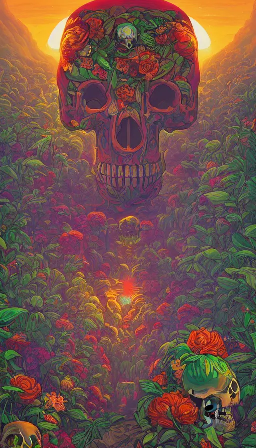 Prompt: The luminous island of the forgotten floral skull gods, italian futurism, da vinci, Dan Mumford, Josan Gonzalez