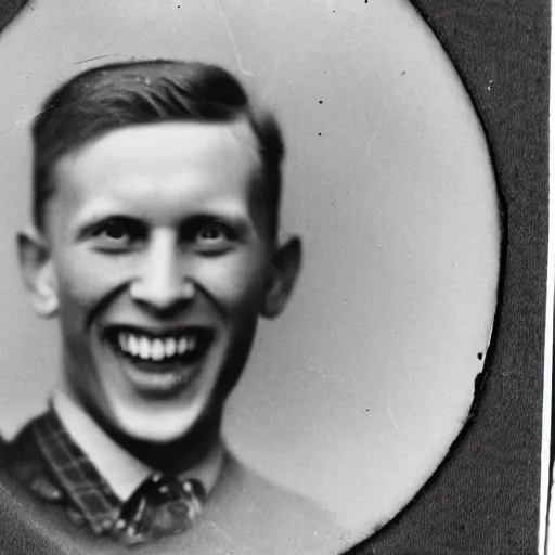 Prompt: an old worn photograph of a smiling disembodied face