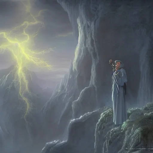 Image similar to a beautiful detailed realistic matte painting of close - up of a magical wizard looking towards a serene landscape with an eerie dark magic lightning portal to another dimension, by john howe and alexander skold and andreas rocha. vray, raytracing, detailed lighting, volumetric lighting, cinematic lighting, very wide shot, f 8