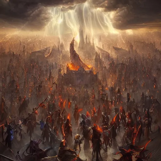 Image similar to Beautiful image of thousands sorcerers fighting with each other , dramatic lighting, dramatic shadows, thunders, magic, fire, power, face painting, dramatic lighting, intricate, wild, highly detailed, digital painting, artstation, concept art, smooth, sharp focus, illustration, art by artgerm and greg rutkowski and alphonse mucha, footage from space camera
