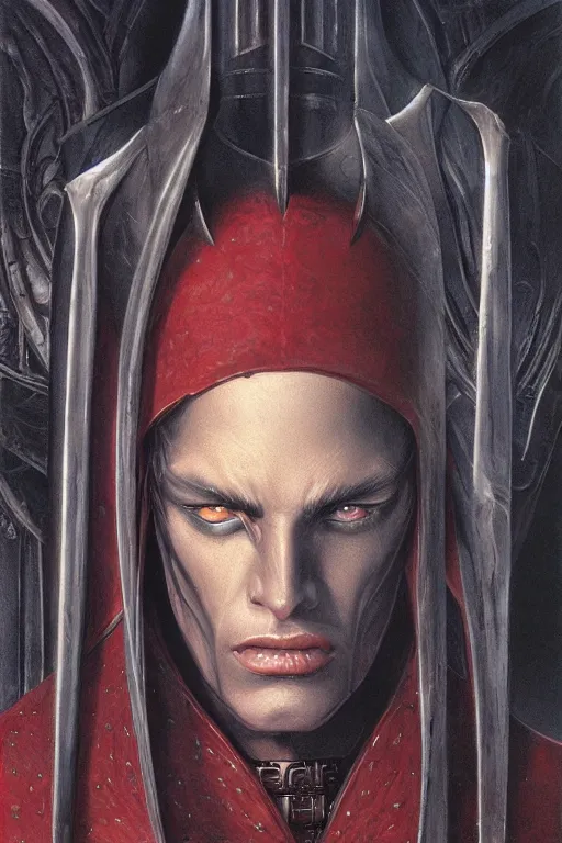 Prompt: Elric of Melnibone portrait by Michael Whelan, cover art